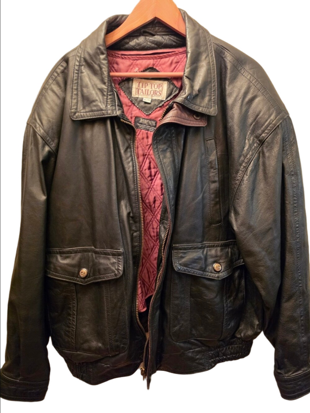 Vintage Tip Top Tailors Black Leather Bomber Jacket XL Thermolite 90s